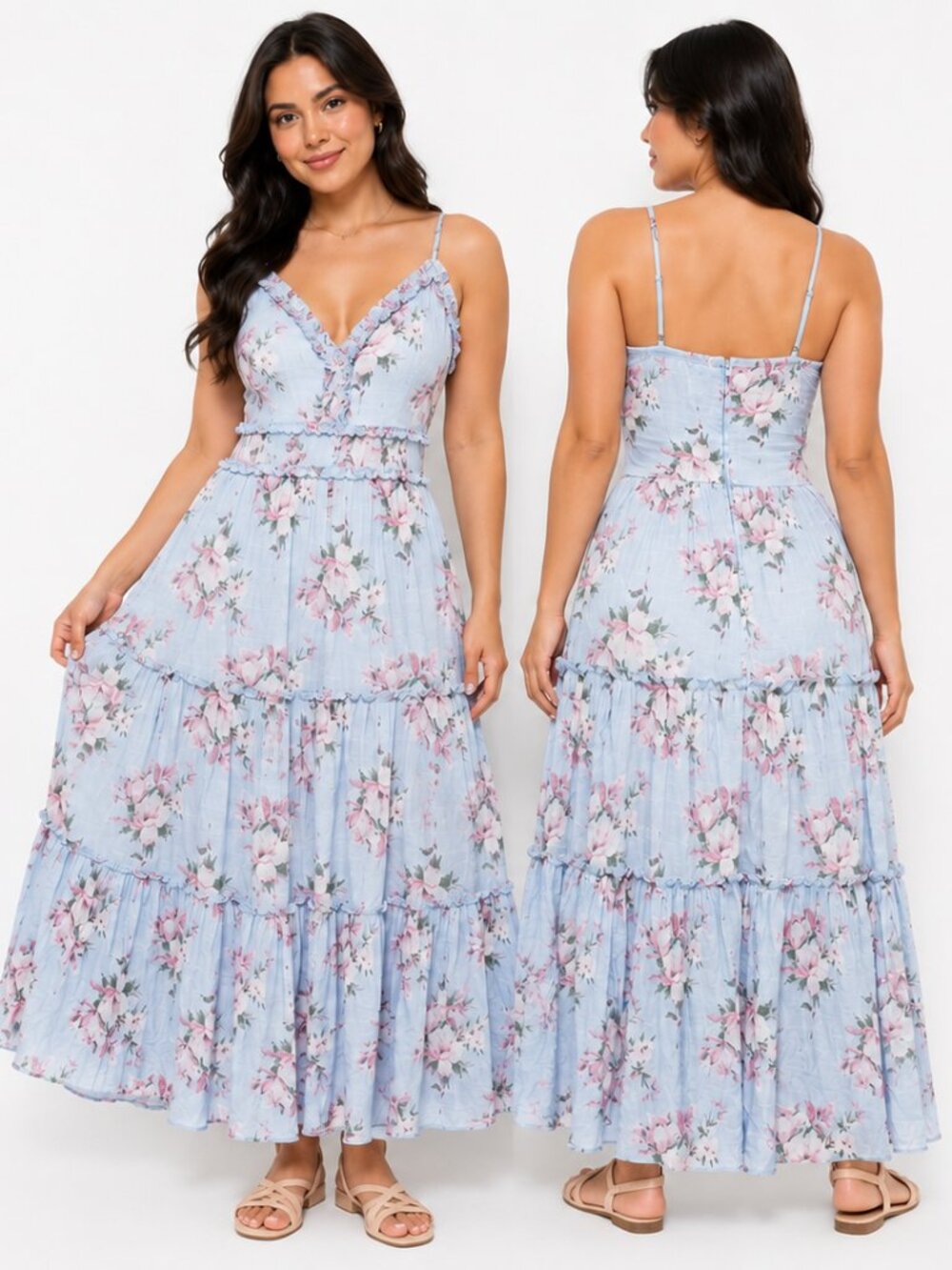 C&C California Blue Floral Tiered Maxi Dress Ruffle V-Neck Sun Dress S NEW